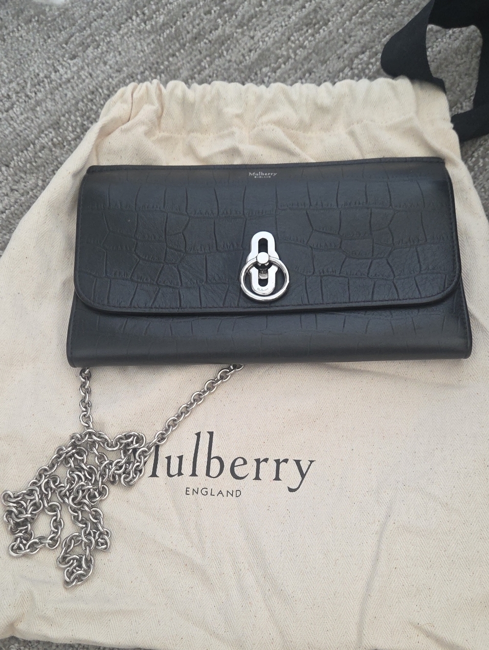 Mulberry Black Croc-Embossed Chain Wallet Clutch